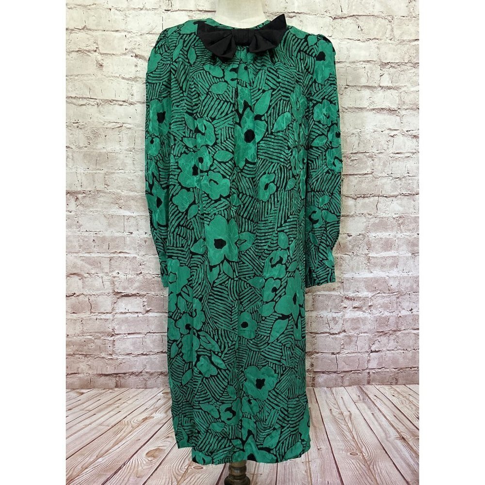 Adrianna Papell Womens Dress Sz 14 Vintage 80s Shift Bow Silk Green Black Floral